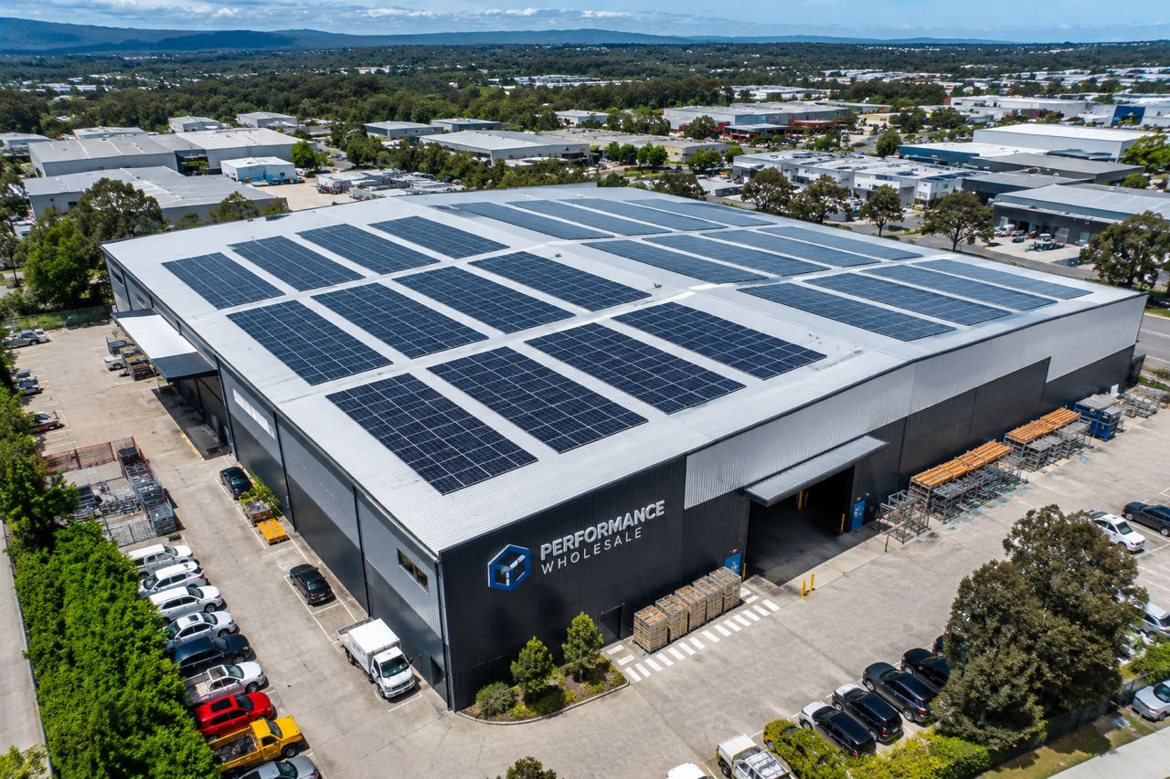 Commercial solar panel array on warehouse